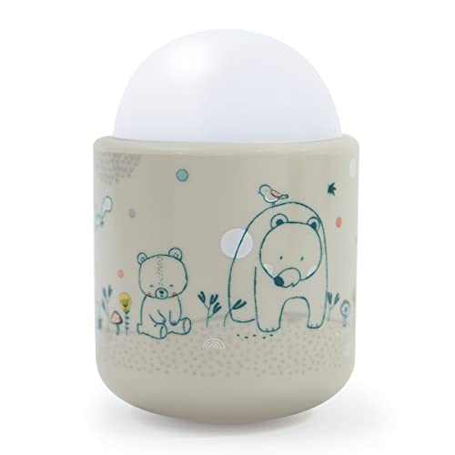 Portable night light designed for babies and children featuring soft LED illumination, offering 70 hours of battery life without the need for batteries or wires, rechargeable via plug, set against a woodland backdrop.