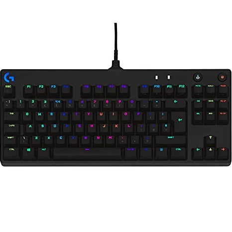 Logitech G PRO Mechanical Gaming Keyboard in black, featuring a compact tenkeyless design with GX Blue clicky switches for responsive performance, customizable LIGHTSYNC RGB lighting, and a detachable Micro USB cable.