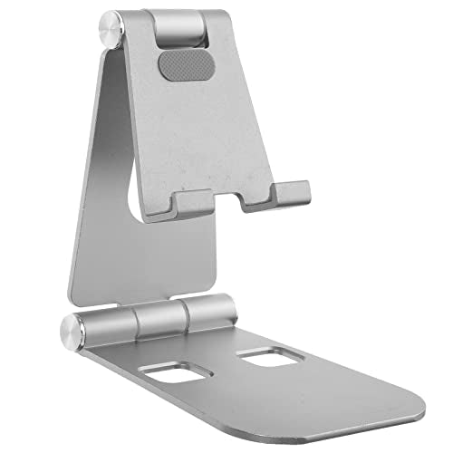 Compact and portable triangular phone stand holder in grey designed for stability and multi-angle adjustments with a charging hole