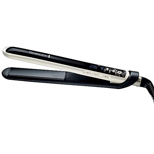 Remington hair straightener featuring advanced ceramic coating with real pearls, designed for all hair types. The device has a digital LCD display with adjustable temperatures ranging from 150°C to 235°C, and heats up in just 10 seconds. It includes longer, narrow movable tiles measuring 110 millimeters, a heat boost function for quick temperature increase, and a tile lock feature for easy storage. 