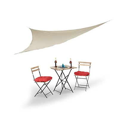 Beige triangular sun shade sail measuring 3.5 meters on each side with tensioning ropes suitable for outdoor use in gardens patios and balconies as well as indoor spaces