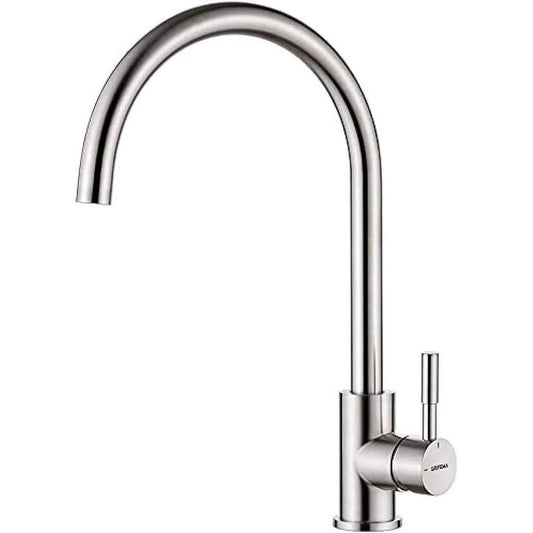 Stainless steel single lever kitchen tap with a 360-degree swivel spout, featuring a cold-start design for energy savings and a ceramic disk cartridge for durability, accompanied by stainless steel braided hoses and installation components.