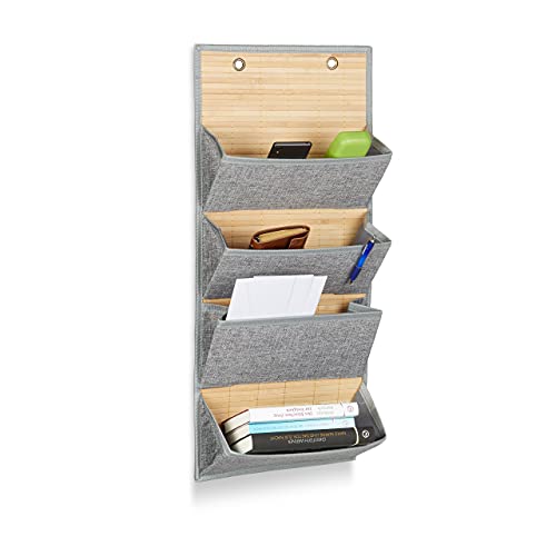 Document holder wall organizer with three to four compartments in grey measuring 75 by 34 by 12 centimeters suitable for door or wall mounting.