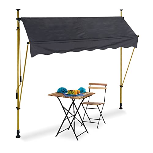 Height-adjustable clamp awning in anthracite and gold colors, designed for sun protection without the need for drilling, available in various widths and UV-resistant.