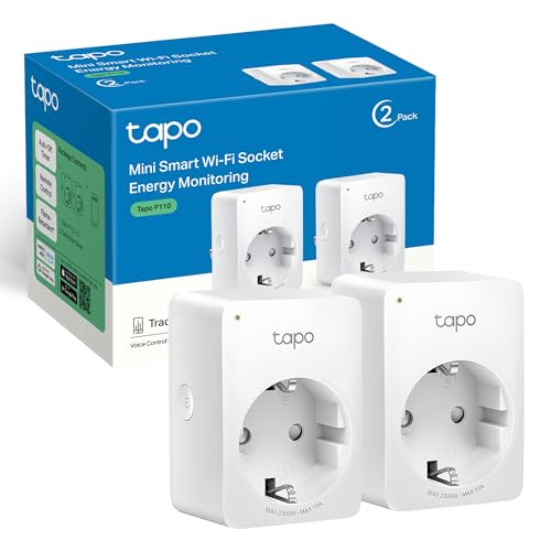 Two Tapo P110 mini smart Wi-Fi plugs with energy monitoring features, designed for scheduling on and off, energy savings, and compatibility with Alexa and Google Home.