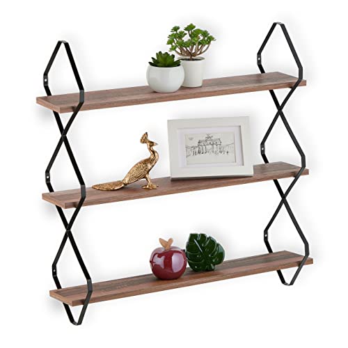 Wall shelf featuring three shelves with dimensions 60 cm height 60 cm width and 18.5 cm depth designed in an industrial style made of MDF and metal in brown and black colors