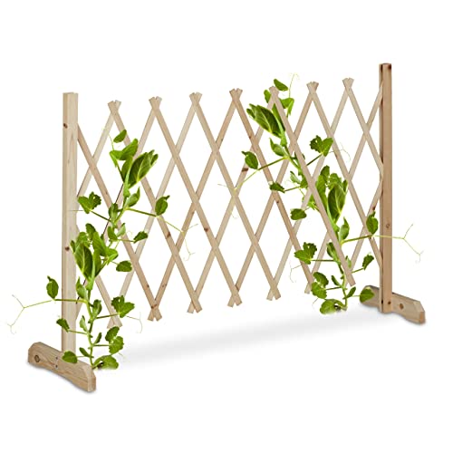 Wooden trellis for climbing plants that can be extended up to 180 cm featuring a scissor grid design and freestanding structure suitable for garden use in a natural finish