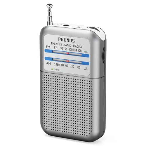 Portable AM FM radio with excellent reception featuring a tuning knob and signal indicator, powered by AAA batteries, ideal for use during ice storms and while walking, model DE333 by PRUNUS.