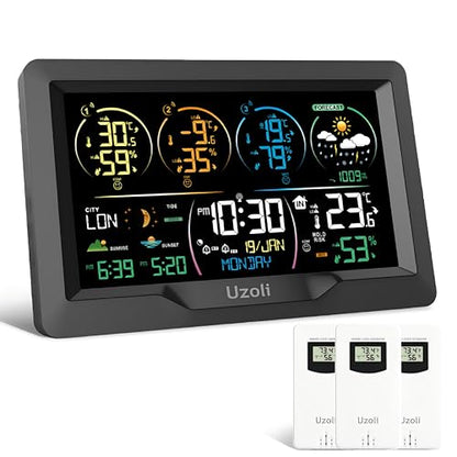 Wireless indoor outdoor weather station with a 7.5 inch display featuring three sensors, atomic clock, barometer, moon phase indicator, and large screen for home use.