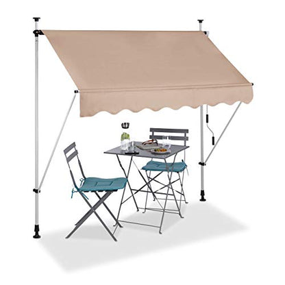 Retractable awning in beige color designed for balconies and sun terraces, measuring 200 cm, featuring a manual operation and height adjustment without the need for drilling.