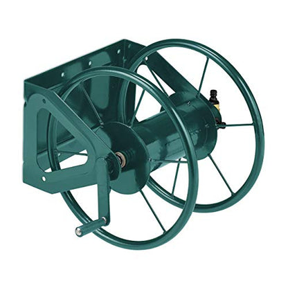 Wall mounted hose reel designed for 60 meter hosepipes featuring a green steel construction with dimensions of 42 cm height, 53 cm width, and 46 cm depth suitable for garden watering accessories.