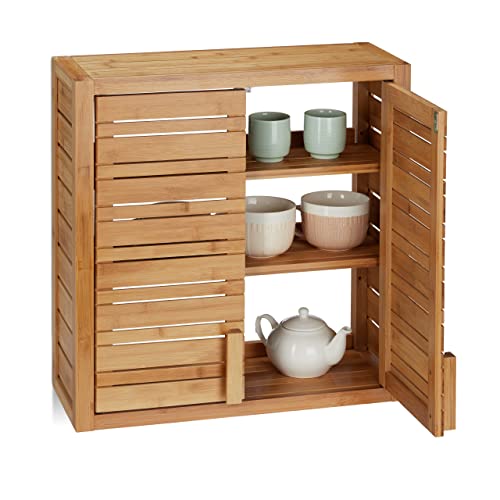 Bamboo wall shelf with two doors and adjustable liner base featuring a square design, dimensions 56.5x56x21cm, in a natural finish.