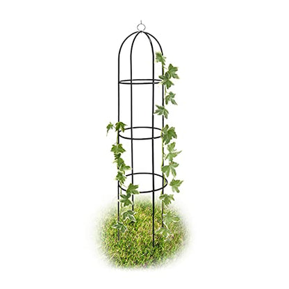 Metal obelisk trellis for climbing plants made of steel with a green finish standing 190 cm tall