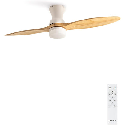 Create - Windprop Ceiling Fan White Natural Wood Wings with Lighting and Remote Control-40 W,Quiet, Diameter 132 cm