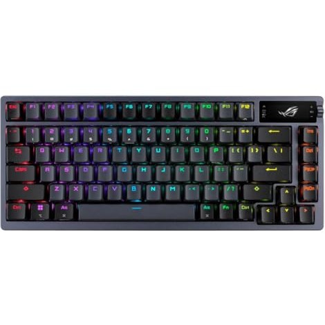 ASUS ROG Azoth 75 wireless gaming keyboard featuring a unique gasket mount design, OLED display with intuitive controls, hot-swappable pre-lubed switches, and ergonomic features for an enhanced typing experience.