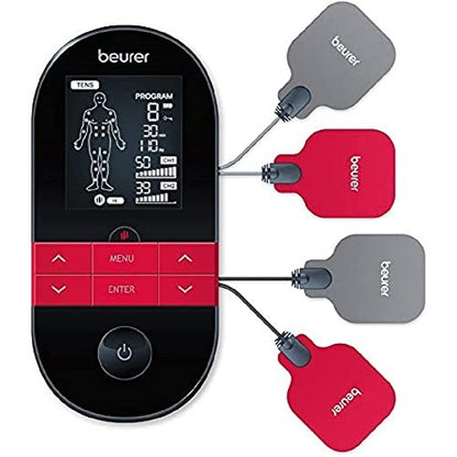 Image of the Beurer EM59 device, a 4-in-1 TENS/EMS unit featuring an ergonomic design, two heat settings, and four electrode gel pads for pain relief, muscle training, tension relief, and soothing heat during treatment.