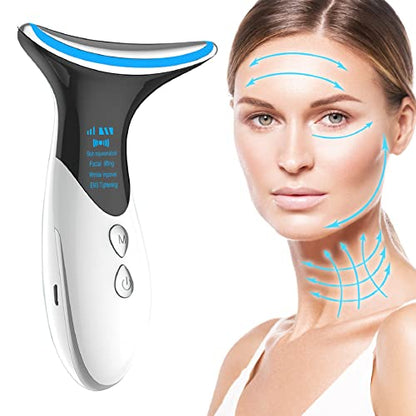 Facial massager by Vifycim in white and blue, designed for all skin types, made of plastic with a modern style; battery-powered and includes USB data cable and manual.