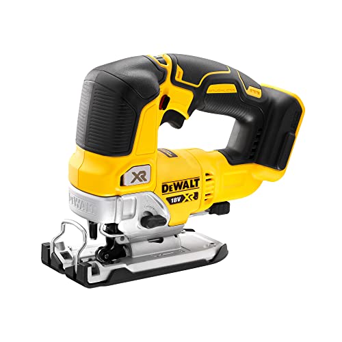 Cordless jigsaw featuring a yellow design with brushless motor technology, part of the DEWALT XR 18V series, sold as a bare unit without battery or charger.