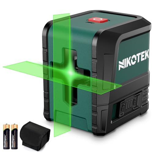 Nikotek green laser level with self-leveling cross lines for horizontal and vertical alignment, featuring IP54 waterproof and dustproof design, includes battery and carrying bag.