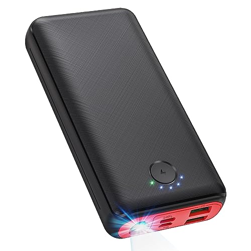 Red JIGA power bank with USB Type C and USB Type A connectors, featuring a battery capacity of 27,000 mAh, LED indicator lights, and two-way charging capability.