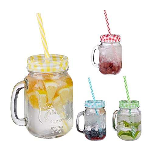 Set of four vintage drinking jars with lids and straws, each holding 500ml, made of transparent glass, measuring 19 by 11 by 8 centimeters, and dishwasher safe, available in four colors.