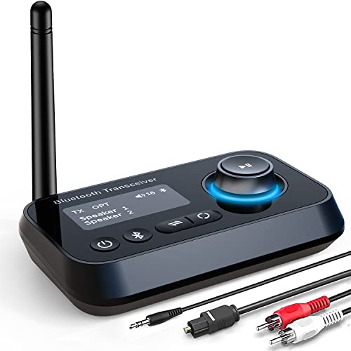 Bluetooth 5.0 transmitter receiver 3 in 1 audio adapter for two headphones with low latency adjustable long range LCD screen optical bypass AUX RCA for home theater projector speakers