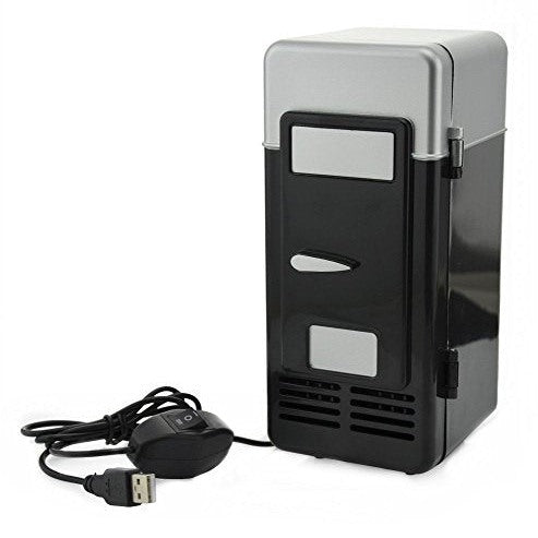 Mini red USB fridge designed for cooling and warming beverage cans, compatible with laptops and PCs, featuring a sleek black design.