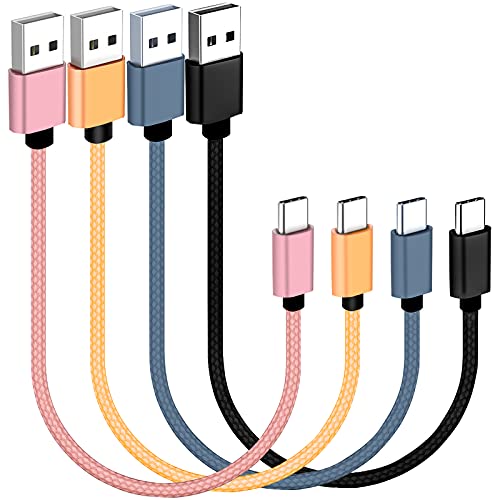 Short USB C cable set in four packs measuring 20cm each designed for fast charging and data transfer compatible with various devices including Samsung Galaxy S10 S9 Pixel 3 and LG V30 featuring a durable nylon braided design