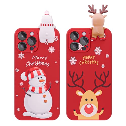 Cute 3D cartoon snowman and deer design on a soft silicone phone case for iPhone 14 Pro Max, featuring a slim and smooth matte finish, perfect for the Christmas season.