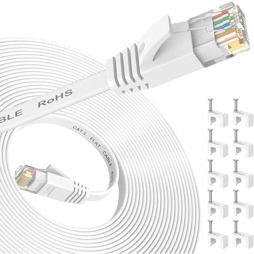 Flat white Ethernet cable measuring 7 meters, designed for high-speed networking with RJ45 connections, compatible with routers and modems, suitable for use as a Cat 6 LAN cable and backwards compatible with Cat 7 and Cat 8 standards.