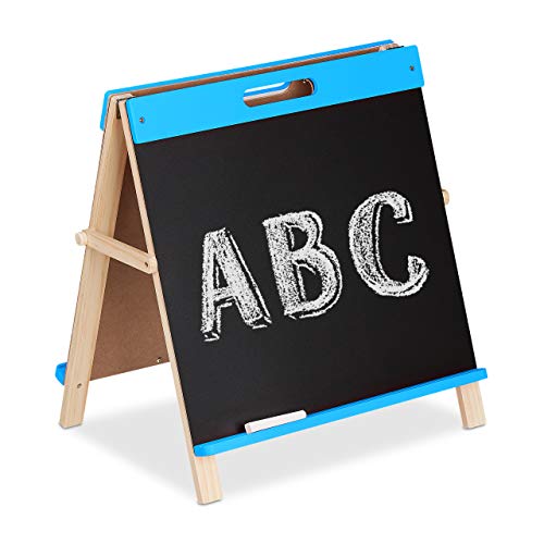 Children's portable wooden chalkboard designed for creative activities and classroom decor featuring a double-sided surface in blue measuring 48.5 x 48 x 36 cm