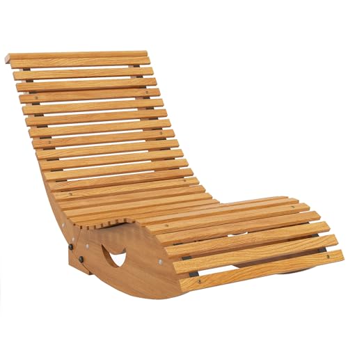 Wooden rocking chair designed for outdoor use featuring an ergonomic S-shape and tilt protection, suitable for balconies and patios, with a maximum weight capacity of 120 kg, dimensions 130 x 60 x 60 cm.