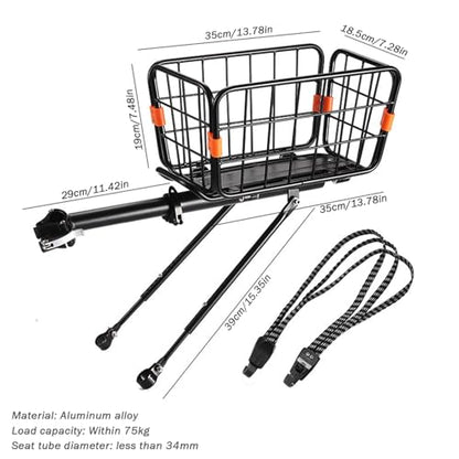 BikeCo - Foldable Rear Bike Basket, 165 LB Capacity, Adjustable Cargo Rack