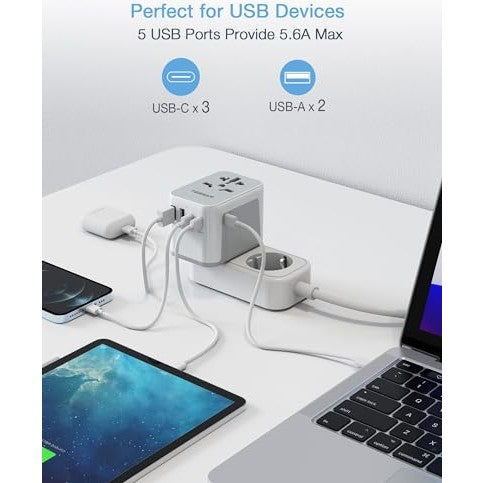 TESSAN - Universal Travel Adapter 5.6A With 3 USB-C & 2 USB-A Ports