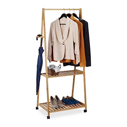 Bamboo coat rack on casters featuring two shelves and four hooks in a compact design measuring 154.5 by 75.5 by 45 centimeters in a natural finish