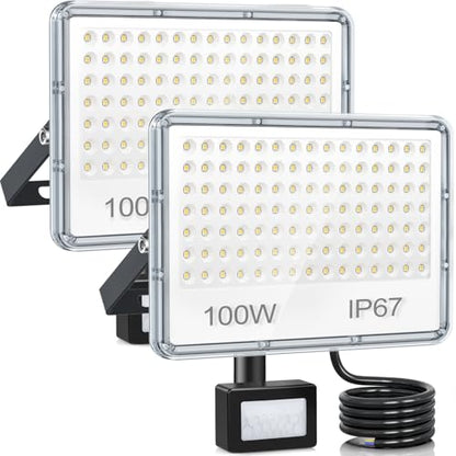 Two YIQIBRO LED spotlights with motion sensors, each 100W and producing 10000 lumens at 7000K, designed for outdoor use in gardens, terraces, and garages, featuring IP67 waterproof rating and equipped with 105 LEDs.