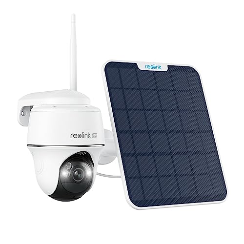 Reolink Argus PT Ultra 4K solar surveillance camera with outdoor battery and six watt solar panel featuring dual band WiFi connectivity standalone design eight megapixel ultra high definition color night vision and AI detection