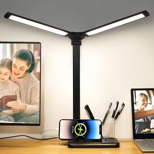 Black Qooltek Touch Control LED Desk Lamp featuring five color modes and adjustable brightness, designed for home office use. It includes a dual swing arm, USB charging port, and a pen holder, providing an eye-caring reading light.