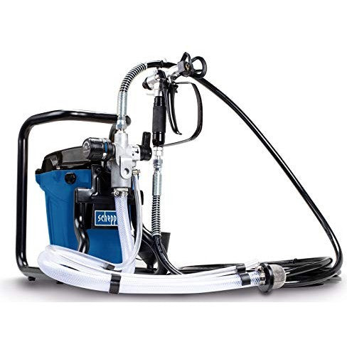 Power paint sprayer with a maximum pressure of 207 bars, flow rate of 1.1 liters per minute, and a power output of 750 watts weighing 8.3 kilograms including the spray gun