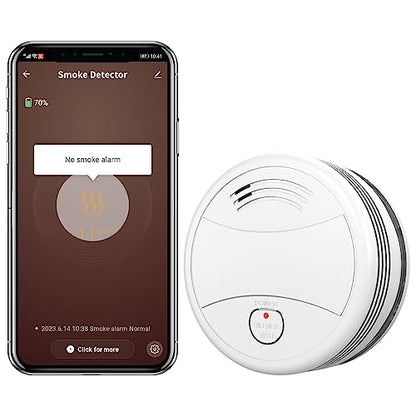 Intelligent wireless smoke detector designed for fire safety with app connectivity and EN 14604 certification, featuring a fire alert test alarm, sold as a single unit.