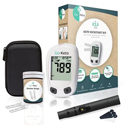 Go-Keto Kickstart Set including a ketone blood meter, 10 test strips, and blood removal equipment in a practical storage bag.