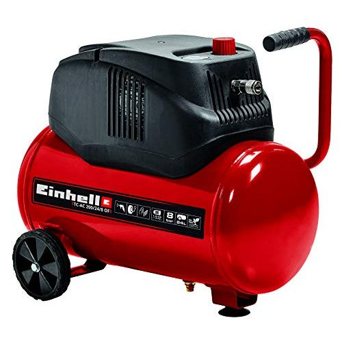 Einhell Compressor TC-AC 200/24/8 with a powerful 1200 watt motor, capable of reaching a maximum pressure of 8 bar. It features a 24 liter tank and delivers a suction power of 180 liters per minute at an engine speed of 15000 revolutions per minute. The compressor includes a pressure reducer and gauge, designed to operate without oil for low maintenance.