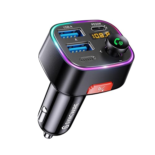 Bluetooth FM transmitter for car with 48W power output featuring PD 36W and 12W fast charging, light switch, HiFi bass sound, wireless music adapter, and LED display.