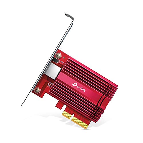 TP-Link TX401 10 Gigabit PCIe Network Adapter in red, featuring dimensions of 9.8 x 12.1 x 2.2 cm and designed for desktop compatibility, with a CAT6A Ethernet cable included for optimal performance.