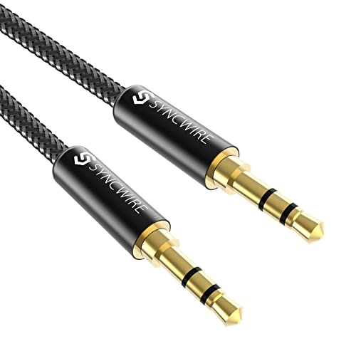 Cable de audio auxiliar Syncwire de 0.13 pulgadas en color negro trenzado de nailon de 3.3 pies diseñado para conectar auriculares a sistemas de audio en el auto o en casa, compatible con dispositivos como Apple iPod, iPhone, iPad, Echo Dot, Samsung y otros teléfonos inteligentes y reproductores de MP3.