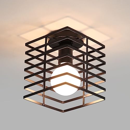 Retro industrial ceiling light featuring a black wrought iron design with an E27 lamp holder, suitable for living rooms, bedrooms, and studies, sold without a light source.