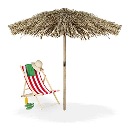 Handmade Hawaii parasol designed for beach use, featuring a sturdy fir wood frame and palm leaf canopy. The weatherproof umbrella is extra large, measuring 250 by 238 centimeters, and can be easily folded for convenient storage.