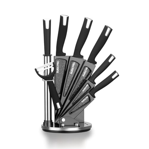 Unlock culinary potential with Swiss Pro+'s 8-piece stainless steel knife set, including a chef's knife, utility knives, and a sharpener in a stylish black block.