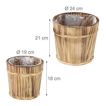 Relaxdays - Set of 2 Round Wooden Planters in Natural Finish