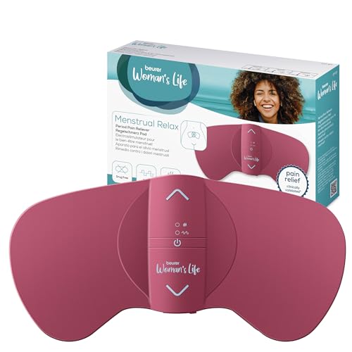 Alt text: A red EM 50 Menstrual Relax device by Beurer, featuring a smooth ergonomic shape with LED indicators, designed for pain relief from menstrual cramps and endometriosis through TENS technology and heat function.